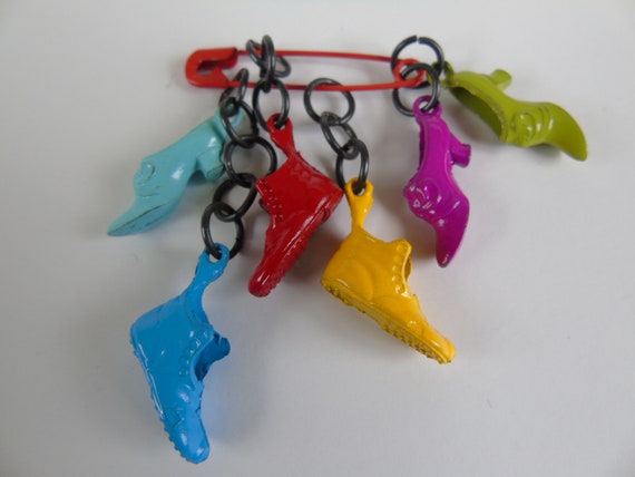 Vintage 1980's Mini Shoe Charms On Red Safety Pin
