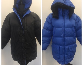 Vintage Lands' End Goose Down Reversible  Coat Blue Or Black Removable Hood 14-16