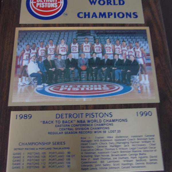 Vtg Detroit Pistons NBA World Champion 1990 Wooden Plaque With Photo Official NBA Licensed Product