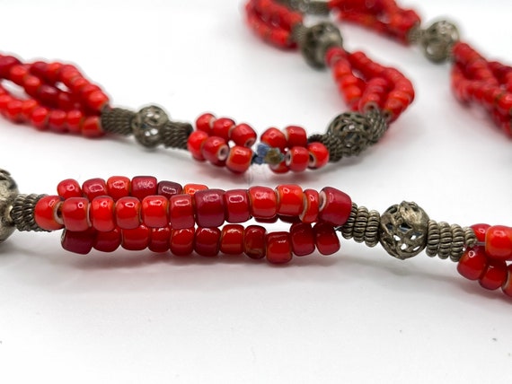 Vtg Colonial Red Glass Beads 3 Strand & Coin Neck… - image 5