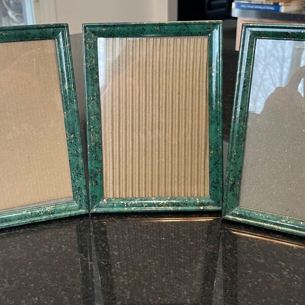 Vintage 1980's Three Green & Gold Marbled Metal 5" x 7" Frames