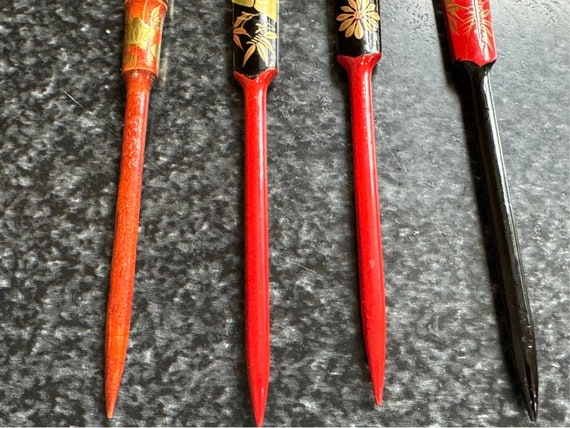 Vtg 4 Japanese Kanzashi Hair Sticks Lacquer Tradi… - image 4