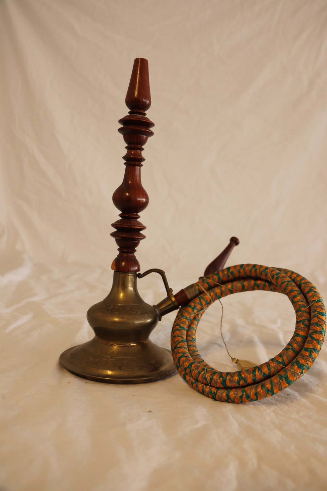 Vtg 1960's Handmade Wood & Brass Hookah Elaborate Embellishment Orange