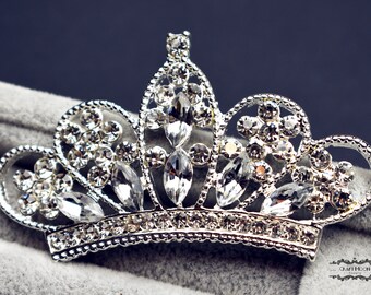5 Tiara Crown Flatback Button 2.75" Rhinestone Brooch Silver Pin Crystal Wedding Brooch Bouquet Embellishment Bridal Hair Comb Cake BT101