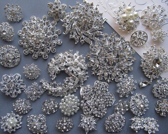 32 PCs Rhinestone Brooch Lot Mixed Wholesale Silver Pin Pearl Crystal Wedding Brooch Bouquet Brooch Bridal Button Embellishment Cake DIY Kit