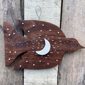 Wood and embroidery Moon Bird