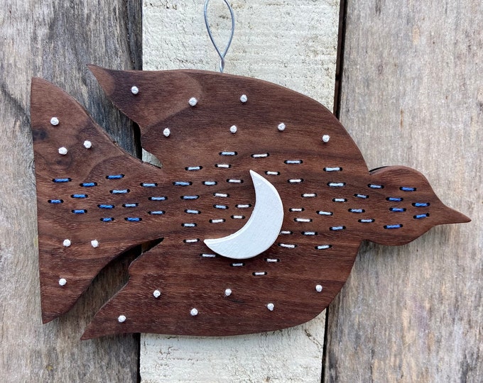 Wood and embroidery Moon Bird