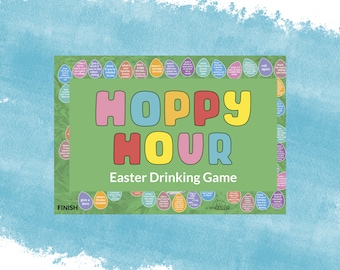 May include: A green game board with the words "Hoppy Hour Easter Drinking Game" printed on it. The board is decorated with colorful Easter eggs and has a variety of drinking game prompts.