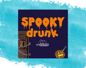 May include: A game called "Spooky Drunk" with a dripping orange text logo, a spooky eye peering through a wooden door, and a jack-o-lantern with a knife in it.