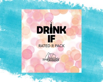 May include: A pink and orange background with white circles. The text "DRINK IF RATED R PACK" is in black text. The text "preGAME" is in pink text.