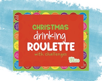 May include: A red and green game board with the text "Christmas drinking roulette with challenges" and the logo "Pre Game". The board has a variety of colorful circles with text and images.