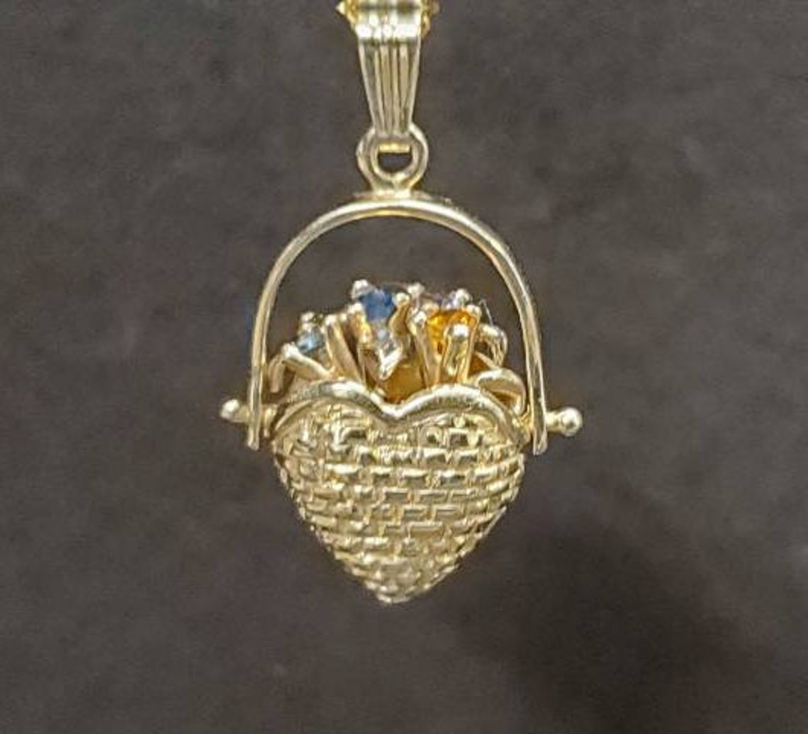14k Gold Flower Basket Pendant w/ Colored Gemstones Vintage Etsy