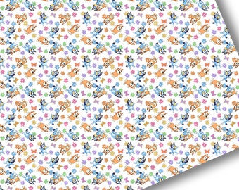 Faux Leather-Printed Faux Leather Sheet-Vegan Faux Leather-Blue Dog Flower Faux Leather-Premium Faux Leather Sheets-Happy Dogs Faux Leather