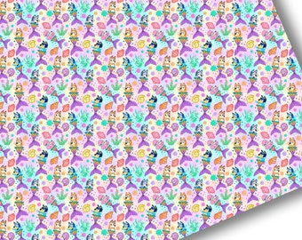 Faux Leather-Printed Faux Leather Sheet-Vegan Faux Leather-Rainbow Mermaid Dogs Faux Leather-Premium Faux Leather Sheets-Summer Faux Leather