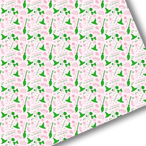 May include: A pink and green repeating pattern featuring a witch's hat, a broom, a crown, a bow, a star, a lollipop, and the text "You're gonna be popular" and "Unlimited" on a white background.