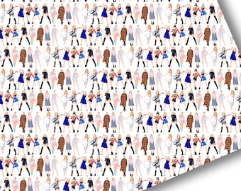 May include: A repeating pattern of a woman in various outfits and poses. The woman is wearing a variety of clothing, including dresses, skirts, pants, and shirts. She is also holding a guitar in some of the images. The background is white.