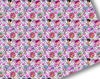 May include: A white patterned fabric featuring cartoon illustrations of male faces with various hair colors, drinks, musical notes, and stars. The illustrations are set within pink and black geometric shapes.