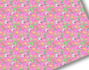 May include: Pink fabric featuring a repeating pattern of characters from the Super Mario video game series. The design includes Mario, Princess Peach, Luigi, Yoshi, and other iconic elements. The background is a solid pink color.