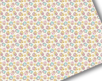 May include: A repeating pattern of pink, yellow, and blue cartoon characters on a cream background. The characters include a princess, a mushroom, and a star.