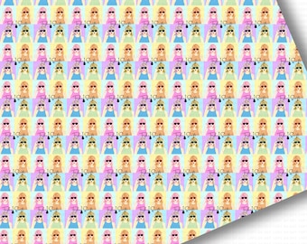 May include: A repeating pattern of colorful illustrations of women wearing sunglasses. The women have different hair colors and are wearing different colored tops. The background is a light blue, yellow, and pink checkered pattern.