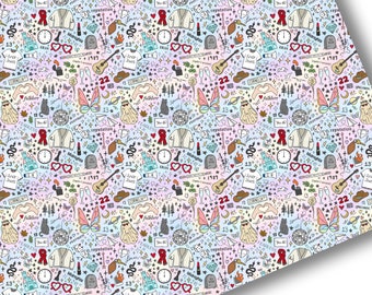 May include: A patterned paper sheet with a repeating design of various illustrations, including guitars, hearts, butterflies, and text. The color palette is a mix of pastel shades with a slight diagonal perspective.