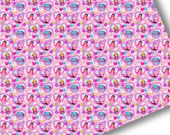 May include: Pink patterned fabric featuring repeating heart shapes with cartoon characters. The hearts are outlined in purple and pink, with various characters inside. Small hearts and musical notes fill the spaces between the larger hearts.