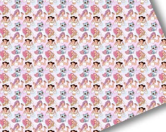 May include: A patterned design featuring repeating illustrations of women with various hairstyles and blue cat-like creatures on a light pink and blue background. The women are wearing white tops.