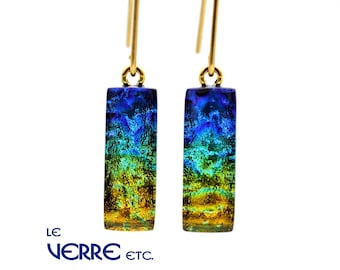 Boucles d'oreilles, verre dichroïque, crochets en laiton, verre fusion, verre, fait main