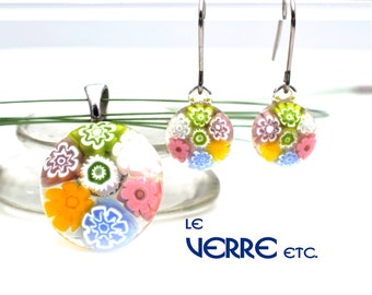 Millefiori, earrings, pendant, set, flowers, molten glass, stainless steel, stainless steel, handmade