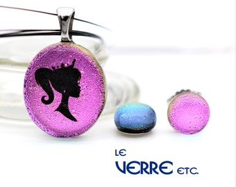 Together, pendant, earrings, nails and chips, dichroic glass, stainless steel, stainless steel, cameo, pink, black, fusion glass