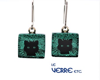 Boucles d'oreilles, verre dichroïque, dormeuses, acier inoxydable, inox,chat, verre fusion, verre, fait main