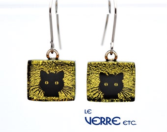 Boucles d'oreilles, verre dichroïque, acier inoxydable, inox, chat, verre fusion, verre, fait main