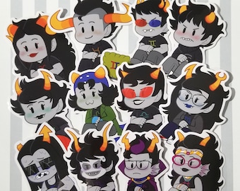 May include: A set of 11 colorful cartoon stickers featuring characters with different hairstyles, clothing, and expressions. The stickers are on a gray and white striped background.