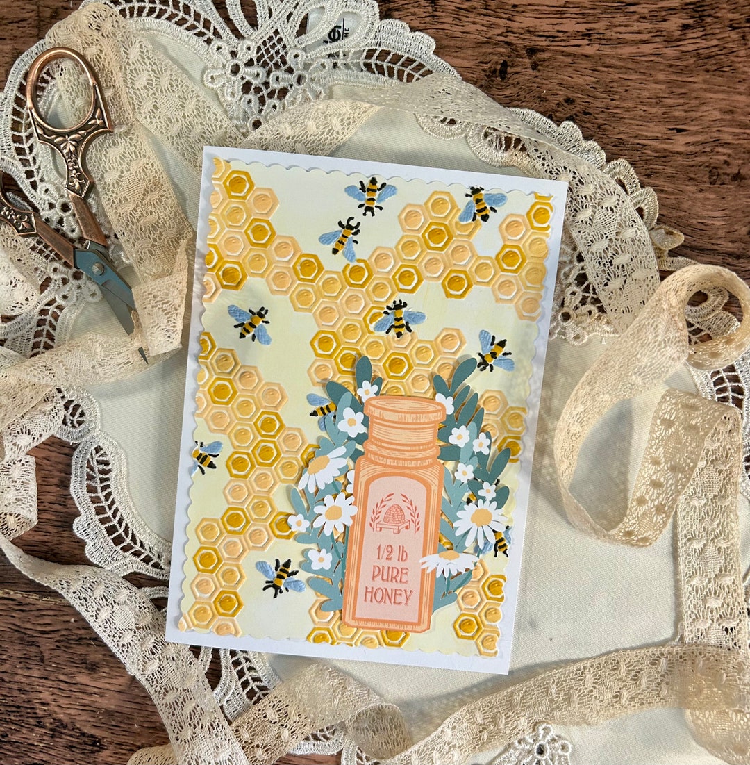Papercut Emboss Text Embossed Papercut Greeting Card | Bees | Honeycomb | Honey | Vintage ...
