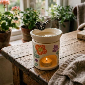 Può includere: Un bruciatore di oli essenziali in ceramica con un motivo floreale dipinto a mano in arancione, verde e viola. La base cilindrica ha un'apertura per una candelina, e la ciotola superiore è decorata con una piccola figura di uccello nera.