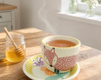 Handmade Ceramic Breakfast Set: Hand-Painted Fox & Flower Cup and Saucer