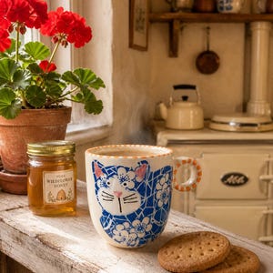 Può includere: Una tazza in ceramica con un'illustrazione di gatto blu e bianca con motivi floreali, naso rosa e dettagli arancioni sul bordo. Accanto si trovano un vasetto di vetro di miele di fiori selvatici e due biscotti rotondi color marrone chiaro.