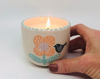 Handmade Soy Wax Candle in a Handmade Ceramic Cup Hand Painted with a Flower and a Black Bird, Handmade Candle, Vanilla Candle