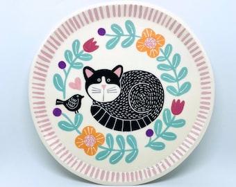 Handmade Ceramic Platter Hand Painted with a Black Cat and Black Bird, Hand Painted Plate, Ornamental Plate