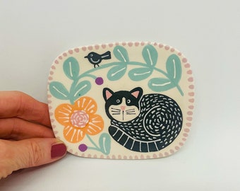 Jabonera de gato de cerámica hecha a mano, jabonera pintada a mano, accesorio de baño, regalo de bienvenida