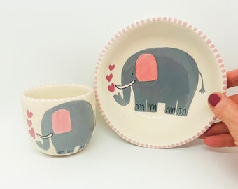 Juego de cuencos y tazas de cerámica hechos a mano pintados a mano con un hipopótamo gris y un pájaro negro, juego de desayuno de cerámica, cerámica y alfarería
