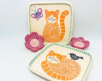 Handmade Ceramic Square Jewellery Organiser Hand Painted with a Cat, Trinket Dish, Ceramics and Pottery, Home Decor, Ornamental Dish