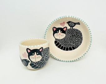 Handmade Ceramic Bowl and Cup  Set Hand Painted with a Black Cat and a Black Bird, Ceramic Breakfast Set, Bowl and Cup, Ceramics and Pottery