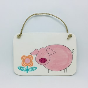 Handmade Ceramic Wall Hanging Tile Hand Painted with a Pig and a Flower, Wall Plaque, Wall Decoration, Animal Wall Hanging, Handmade Tile