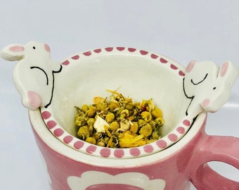 Handmade Ceramic Tea Strainer with 2 Cute Bunny Handles, Loose Leaf Tea Infuser, Handmade Gift for Tea Lover (mug not included)