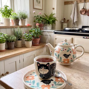 Può includere: Un set da tè in ceramica composto da teiera, tazza e piattino, decorati con fiori arancioni, foglie verdi e uccelli neri dipinti a mano. La tazza presenta l'illustrazione di un gatto bianco e nero, con un cucchiaino d'argento sul piattino.