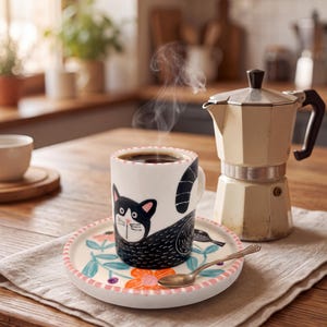 Può includere: Una tazza in ceramica bianca con piattino abbinato decorata con l'illustrazione di un gatto bianco e nero e motivi floreali. La tazza contiene caffè nero fumante ed è appoggiata sul piattino accanto a un cucchiaino d'argento e una moka color crema.