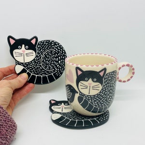 Handmade Ceramic Black Cat Coasters: Kitchen Decor, Gift for Cat Lovers (Set of 2)