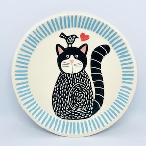 Handmade Ceramic Platter Hand Painted with a Black Cat and Black Bird, Hand Painted Plate, Ornamental Plate, Serving Dish