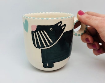 Handmade Ceramic Mug Hand Painted with a Black Scottie Dog, Terrier, Mugs and Cups, Handmade Cup